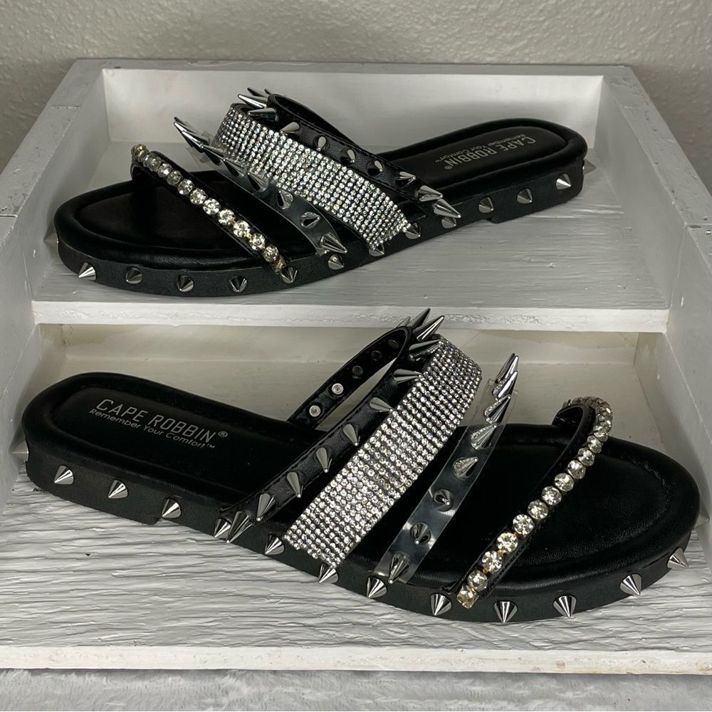 CAPE ROBBIN XTREME SLIDES Shoes Silver Metal with spikes and rhinestones BLACK 6 - Picture 2 of 10